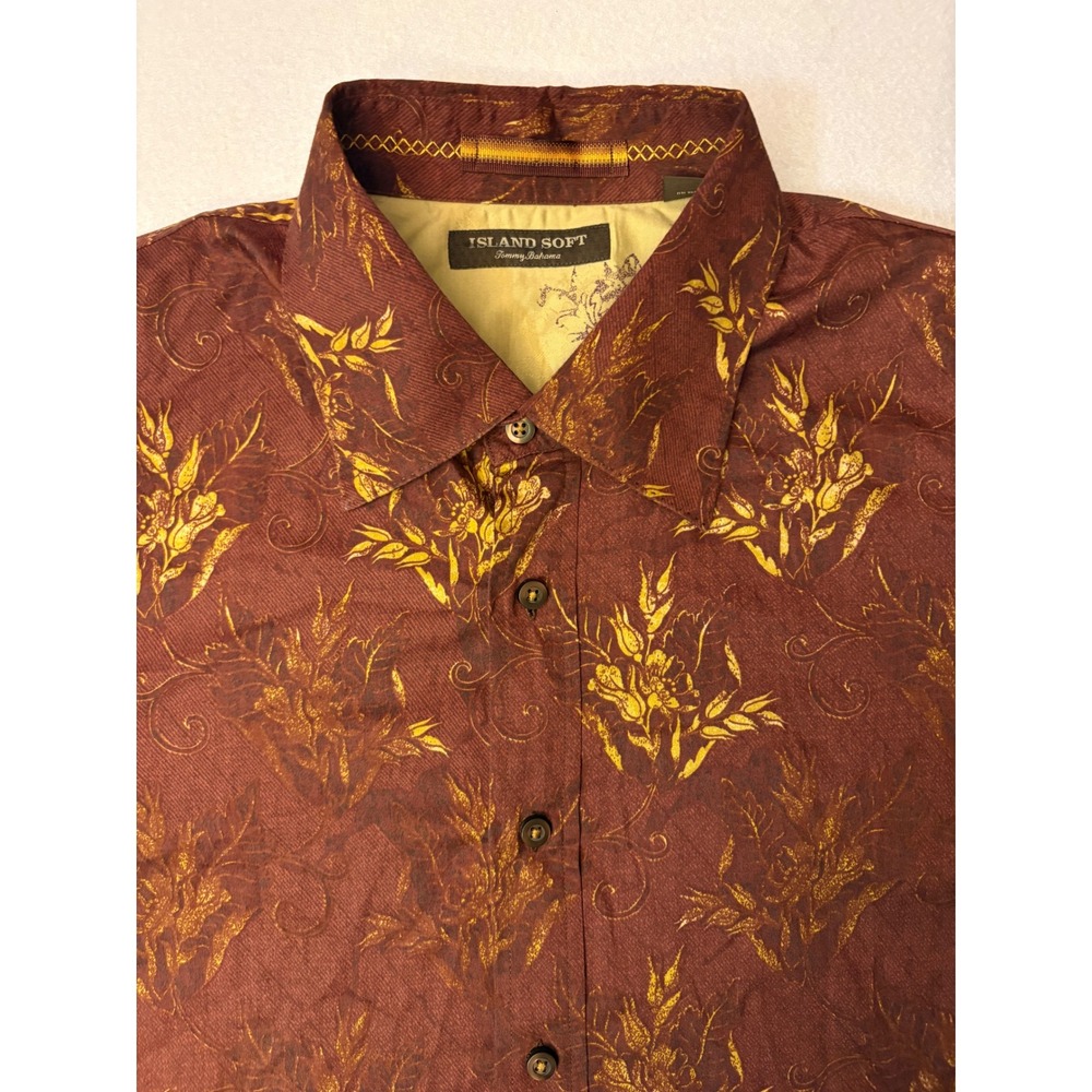 Tommy Bahama Island Soft Mens XL Burgundy Gold Floral Tropical Cotton Shirt LS